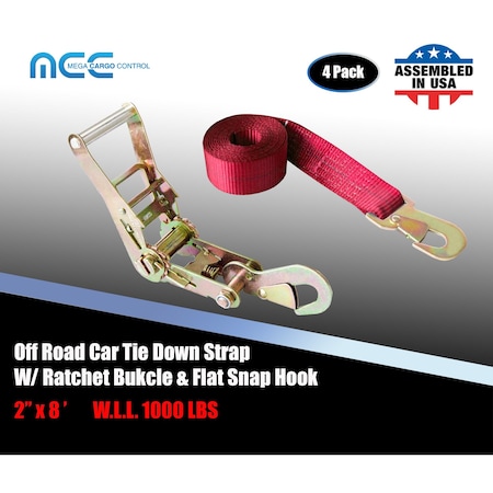 Tie 4 Safe 2" x 8' Off-Road Ratchet Tie Down Strap w/Snap Hook Auto Hauler Tow Truck Red, 4PK RT47-8-R-C-4